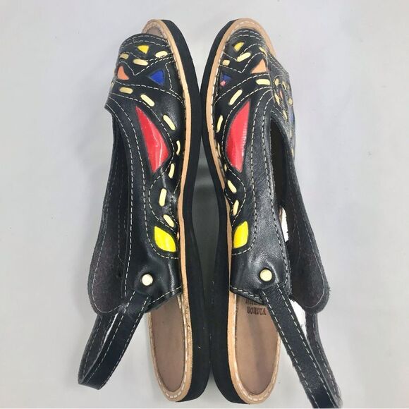 Maria Bonita Black Leather Colorful Stitch Inlay Slingback Open Toe Flat Sandals - Picture 6 of 16